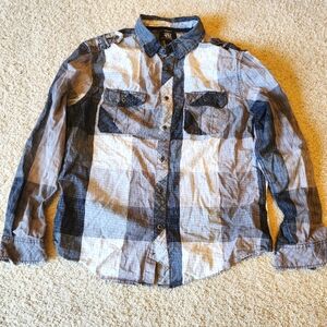 Rock & Republic Men's Blue and White Checkered Shirt - Size L